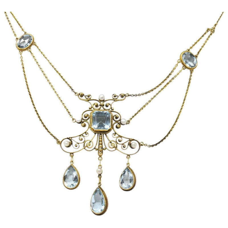 Art Deco 15ct Gold Aquamarine & Natural Pearl Pendant on 15ct Gold Chain  (378T) | The Antique Jewellery Company